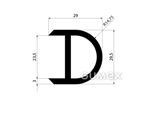 Pryžový profil tvaru "D" s dutinkou, 29,5x29/R14,75mm, 70°ShA, EPDM, -40°C/+100°C, černý